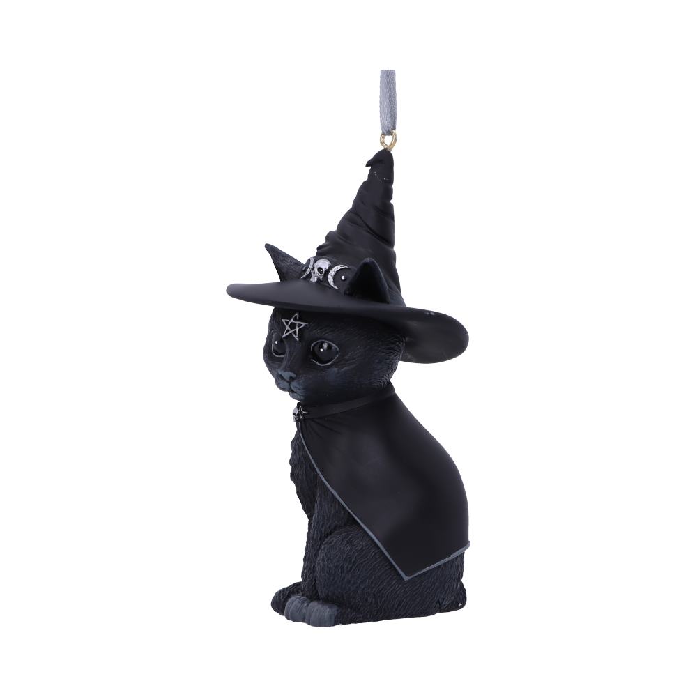 Purrah black cat hanging ornament wearing a pointed witch hat with silver skull and crescent moon details and a pentagram on its forehead.