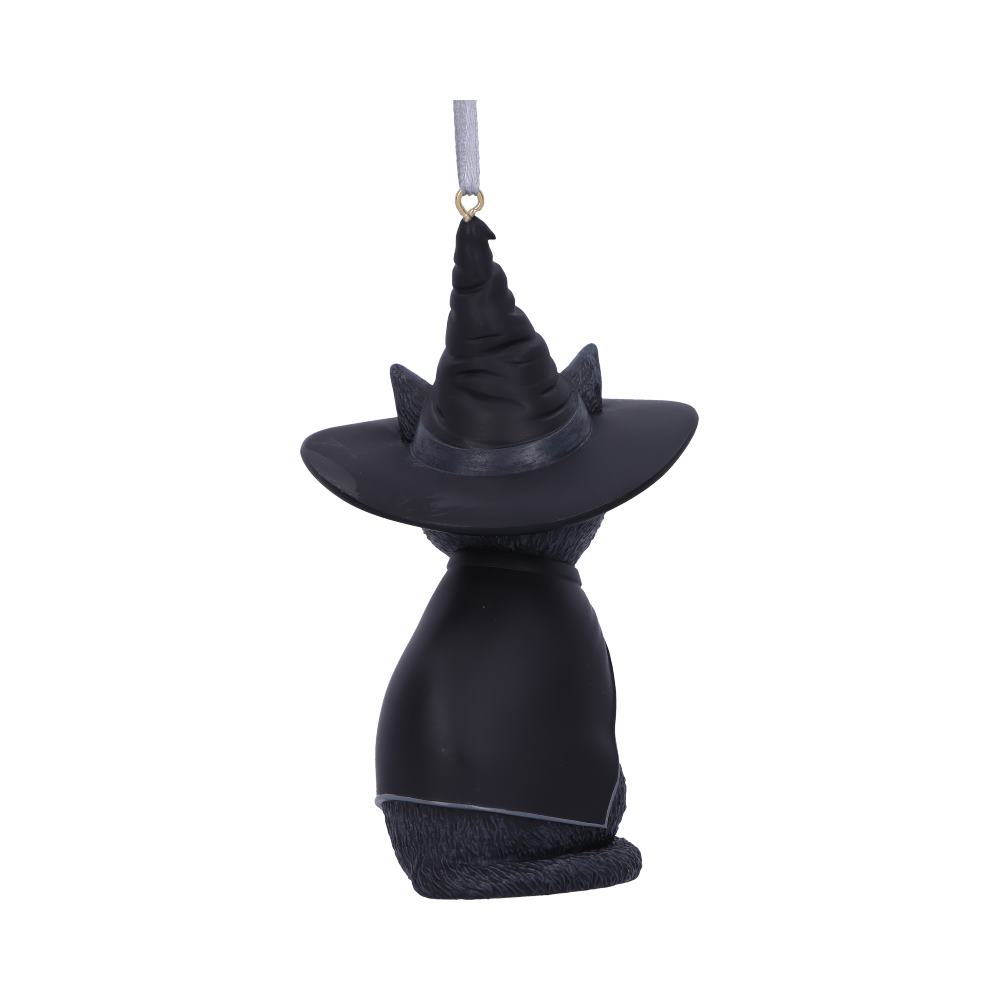 Purrah black cat hanging ornament wearing a pointed witch hat with silver skull and crescent moon details and a pentagram on its forehead.