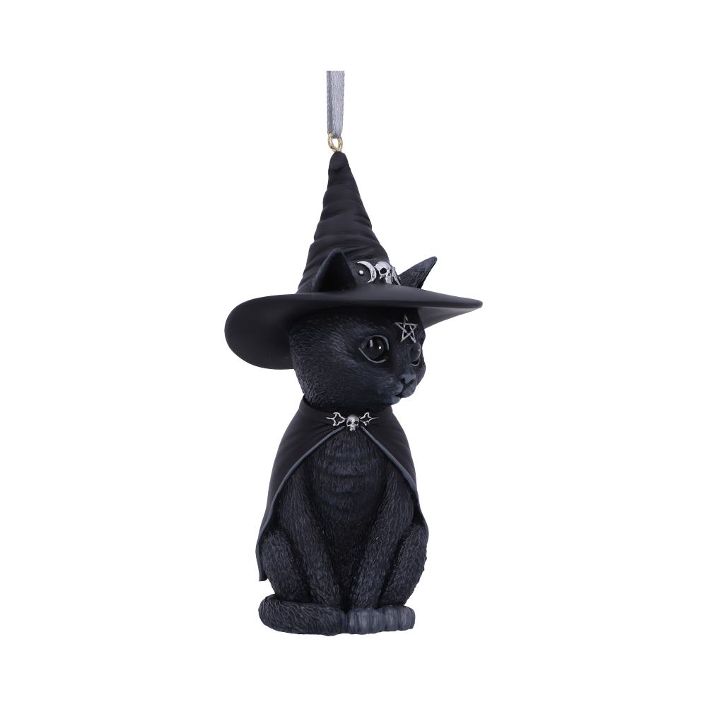 Purrah black cat hanging ornament wearing a pointed witch hat with silver skull and crescent moon details and a pentagram on its forehead.
