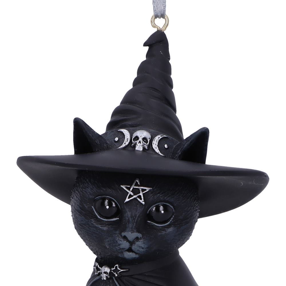 Purrah black cat hanging ornament wearing a pointed witch hat with silver skull and crescent moon details and a pentagram on its forehead.