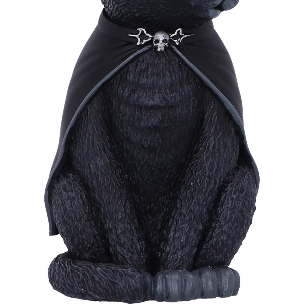 Purrah black cat hanging ornament wearing a pointed witch hat with silver skull and crescent moon details and a pentagram on its forehead.