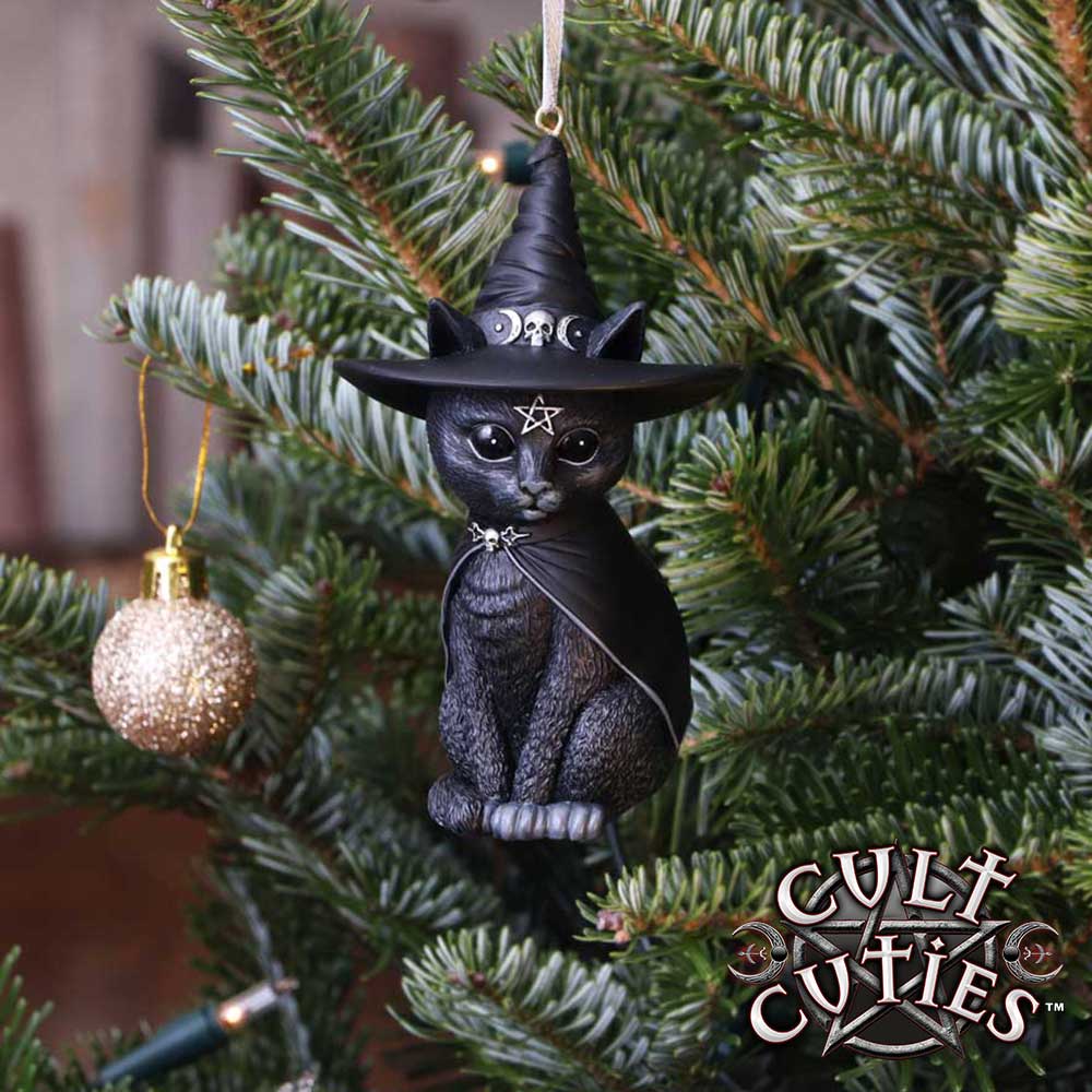 Purrah black cat hanging ornament wearing a pointed witch hat with silver skull and crescent moon details and a pentagram on its forehead.