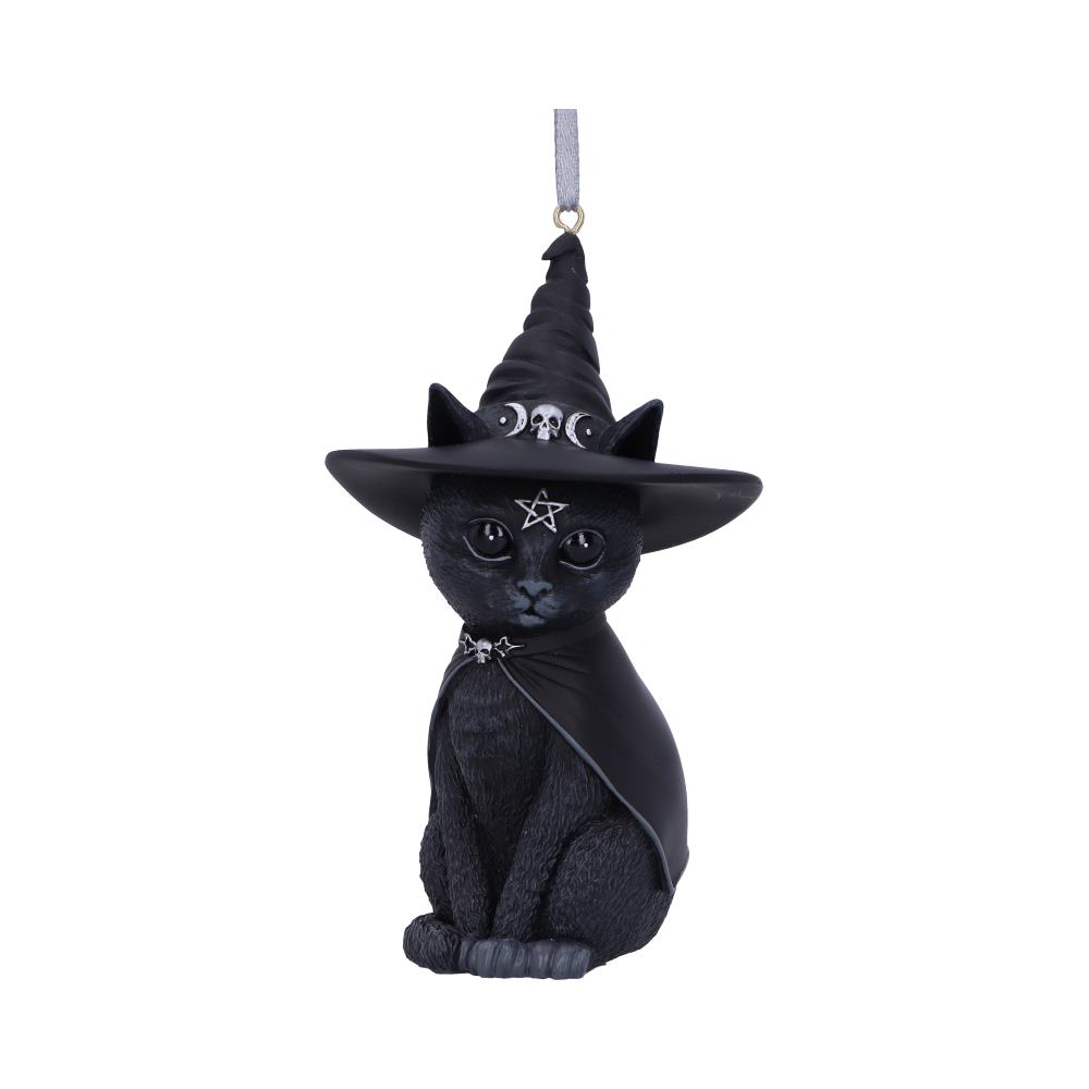 Purrah black cat hanging ornament wearing a pointed witch hat with silver skull and crescent moon details and a pentagram on its forehead.