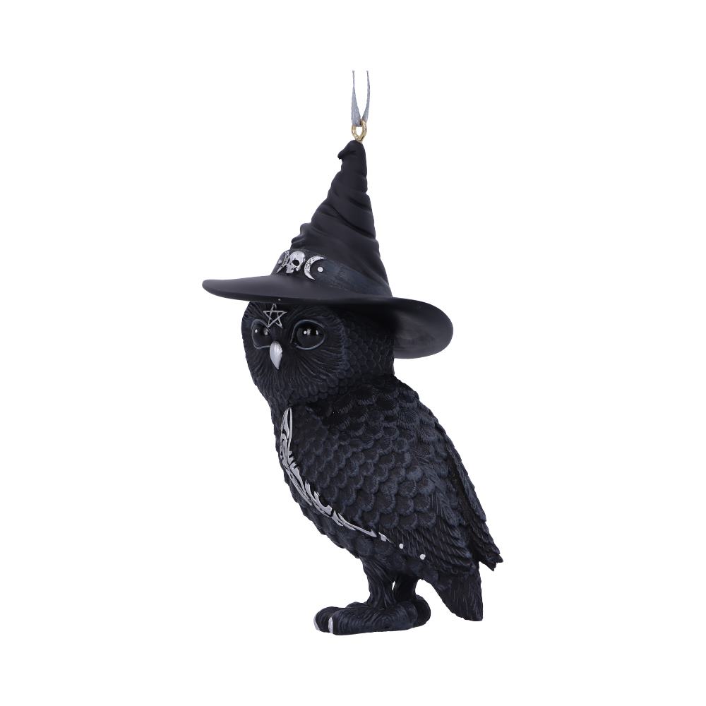 Owlocen black owl hanging ornament wearing a witch’s hat, with silver moon symbols, a pentagram and patterned wing detail.