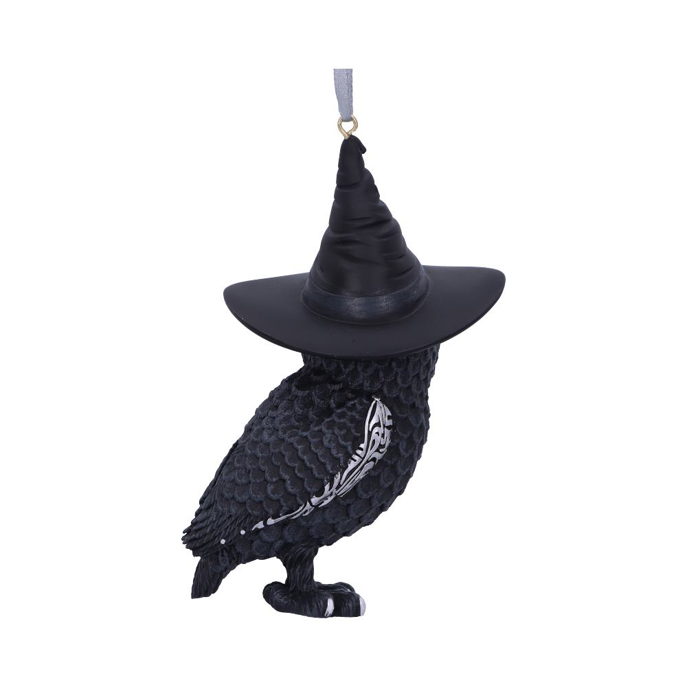 Owlocen black owl hanging ornament wearing a witch’s hat, with silver moon symbols, a pentagram and patterned wing detail.