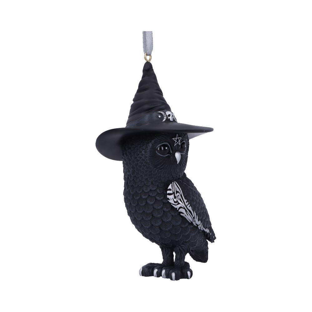 Owlocen black owl hanging ornament wearing a witch’s hat, with silver moon symbols, a pentagram and patterned wing detail.