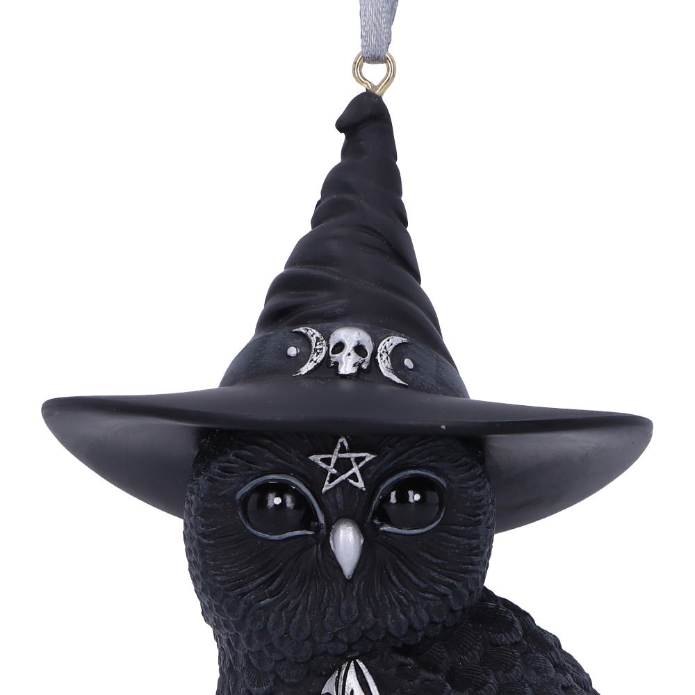 Owlocen black owl hanging ornament wearing a witch’s hat, with silver moon symbols, a pentagram and patterned wing detail.