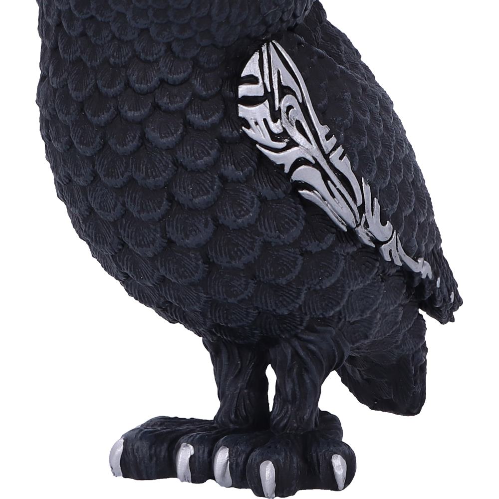Owlocen black owl hanging ornament wearing a witch’s hat, with silver moon symbols, a pentagram and patterned wing detail.