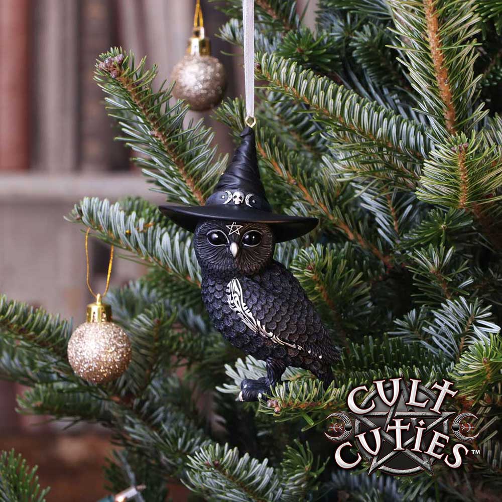 Owlocen black owl hanging ornament wearing a witch’s hat, with silver moon symbols, a pentagram and patterned wing detail.