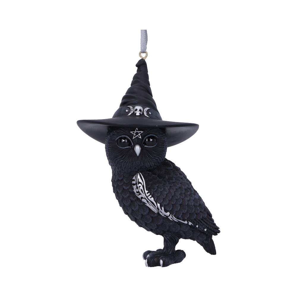 Owlocen black owl hanging ornament wearing a witch’s hat, with silver moon symbols, a pentagram and patterned wing detail.
