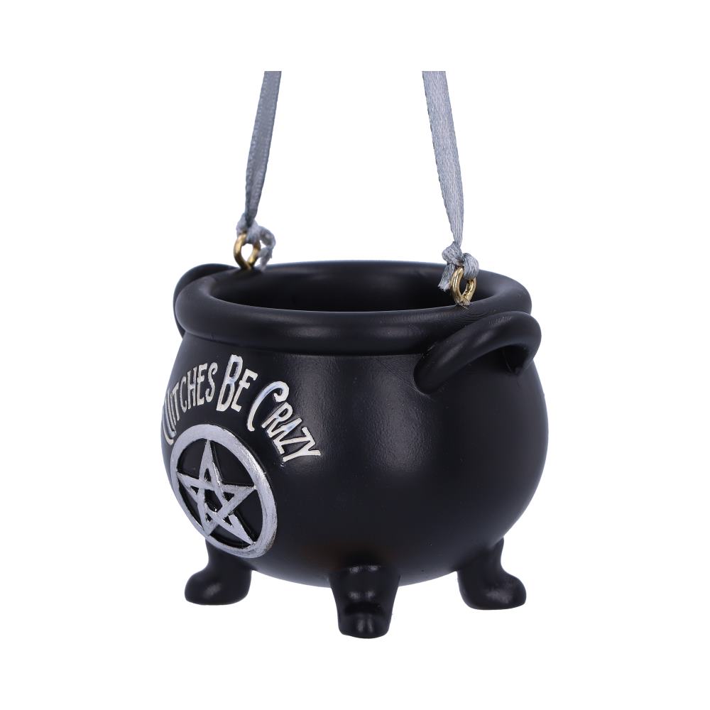 Black cauldron hanging ornament with silver “Witches Be Crazy” lettering and a pentagram.