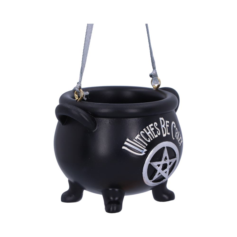 Black cauldron hanging ornament with silver “Witches Be Crazy” lettering and a pentagram.