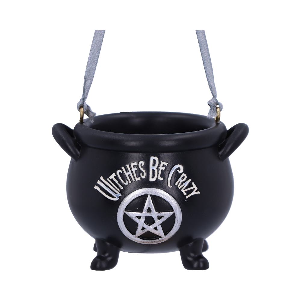 Black cauldron hanging ornament with silver “Witches Be Crazy” lettering and a pentagram.