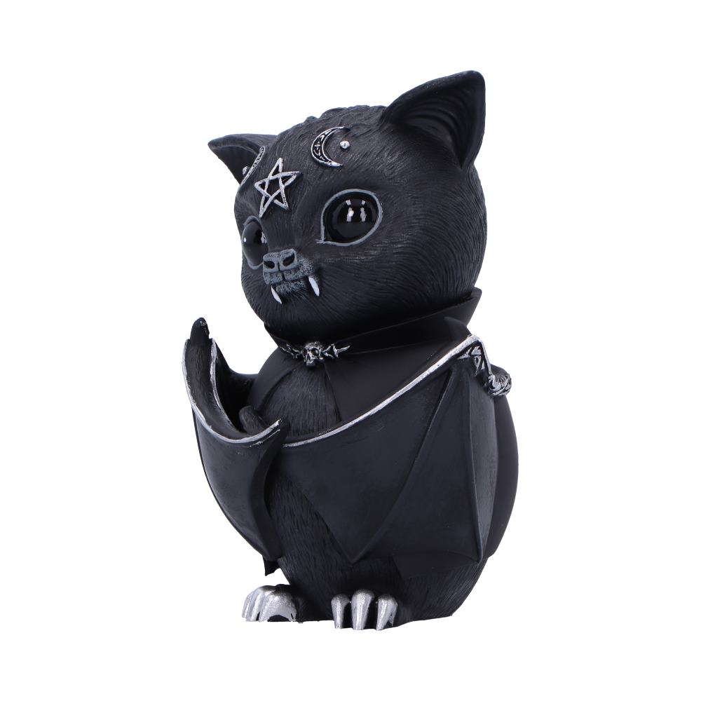 Beelzebat 9.6cm black bat figurine with folded wings, small fangs and silver pentagram and crescent moon details.