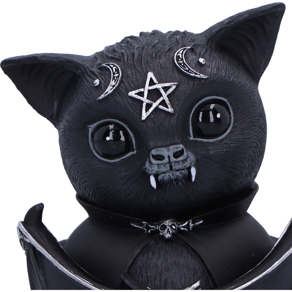 Beelzebat 9.6cm black bat figurine with folded wings, small fangs and silver pentagram and crescent moon details.