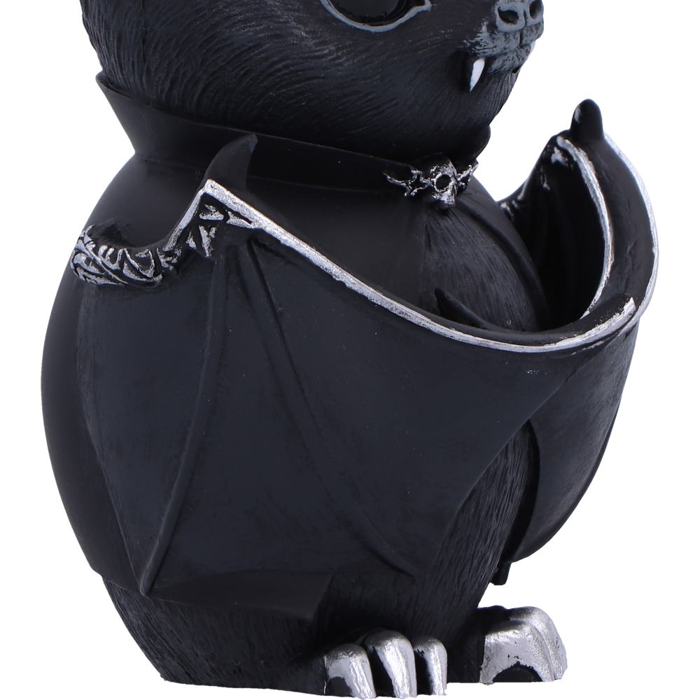 Beelzebat 9.6cm black bat figurine with folded wings, small fangs and silver pentagram and crescent moon details.