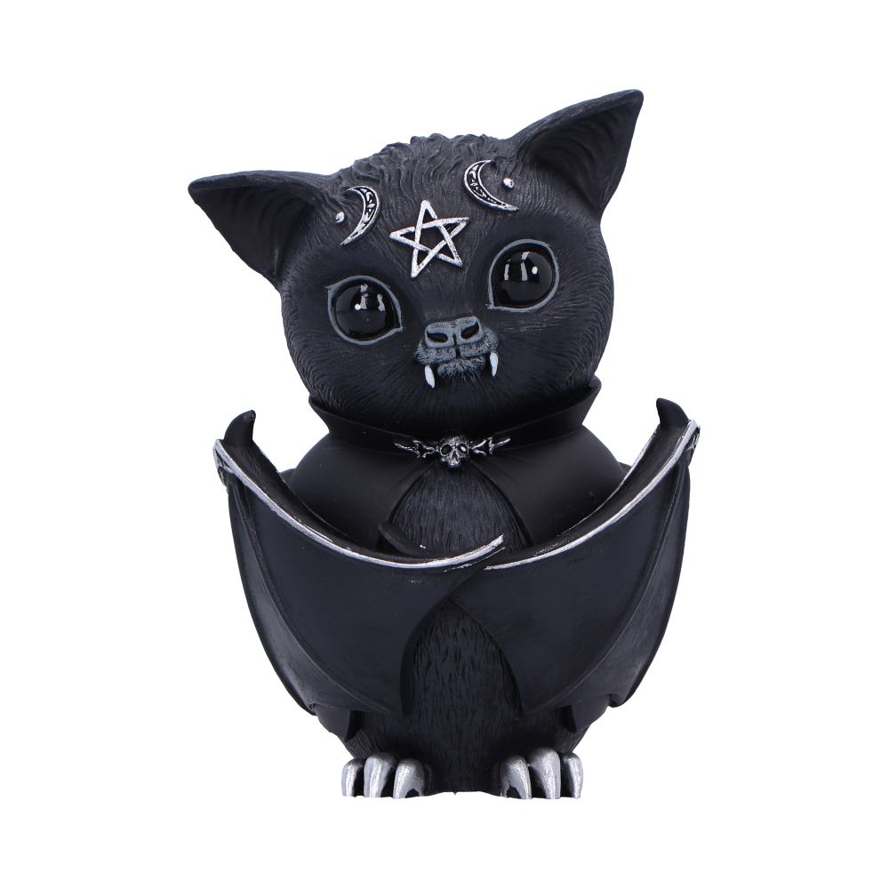 Beelzebat 9.6cm black bat figurine with folded wings, small fangs and silver pentagram and crescent moon details.