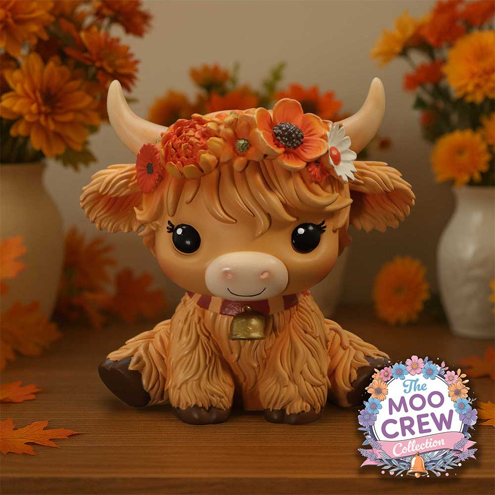 Moo Crew Marigold orange cow figurine with a flower crown and bell collar, displayed among autumn flowers.