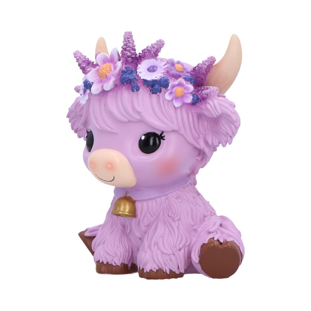 Moo Crew Hyacinth purple cow figurine with a floral crown and gold bell