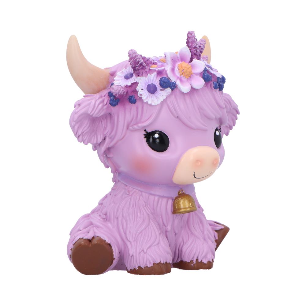 Moo Crew Hyacinth purple cow figurine with a floral crown and gold bell