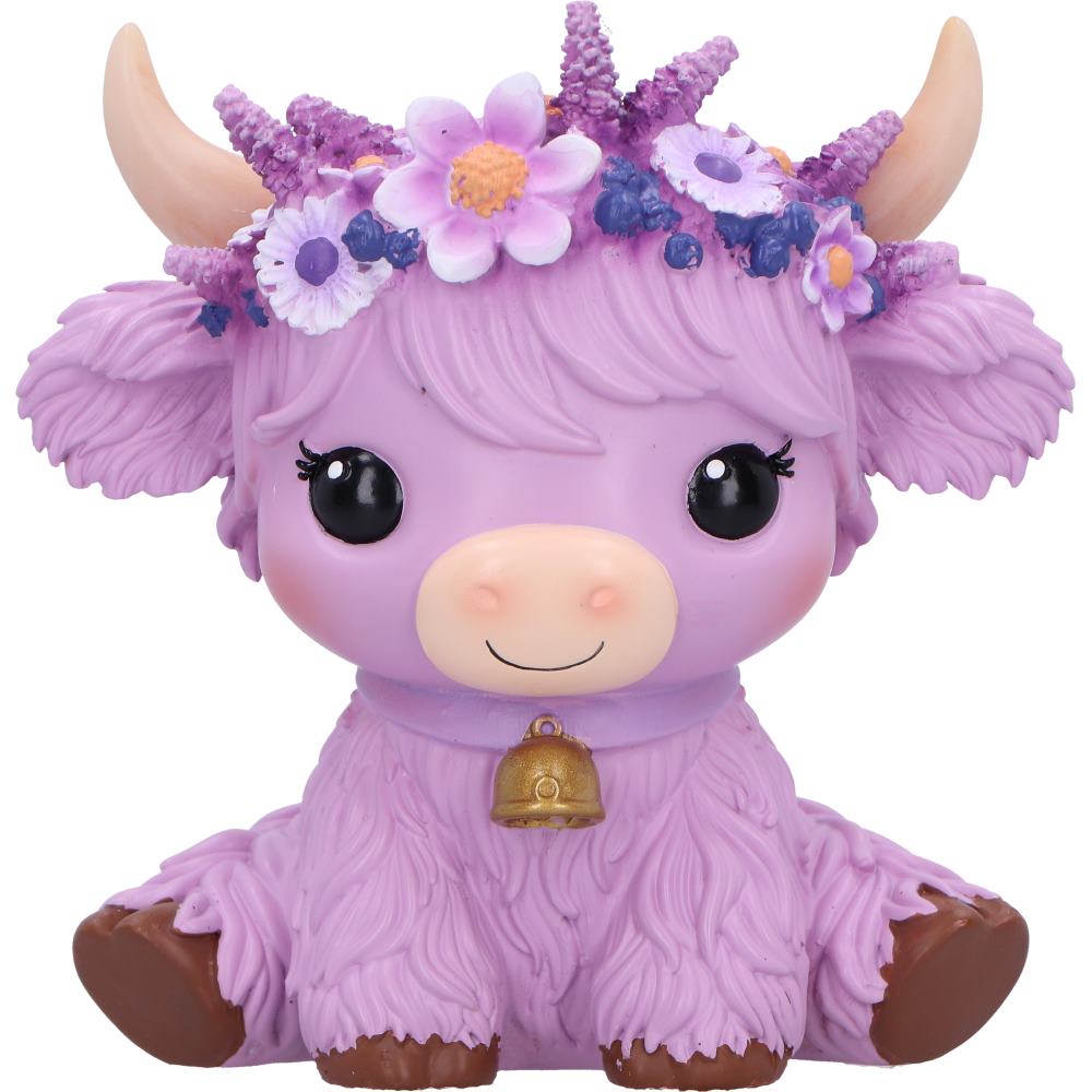Moo Crew Hyacinth purple cow figurine with a floral crown and gold bell