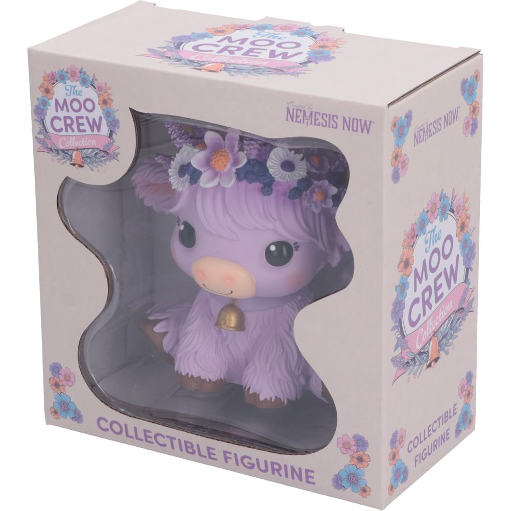 Moo Crew Hyacinth purple cow figurine with a floral crown and gold bell