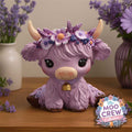 Moo Crew Hyacinth purple cow figurine with a floral crown and gold bell