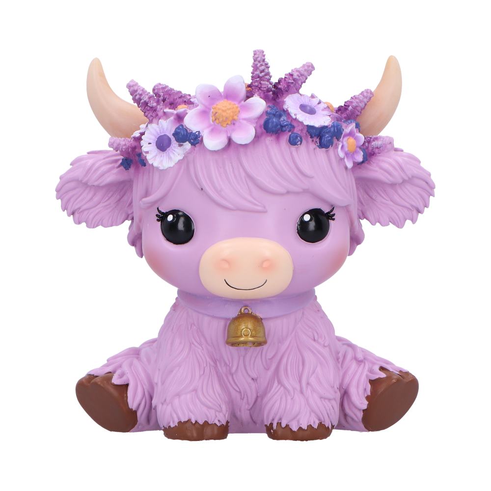 Moo Crew Hyacinth purple cow figurine with a floral crown and gold bell