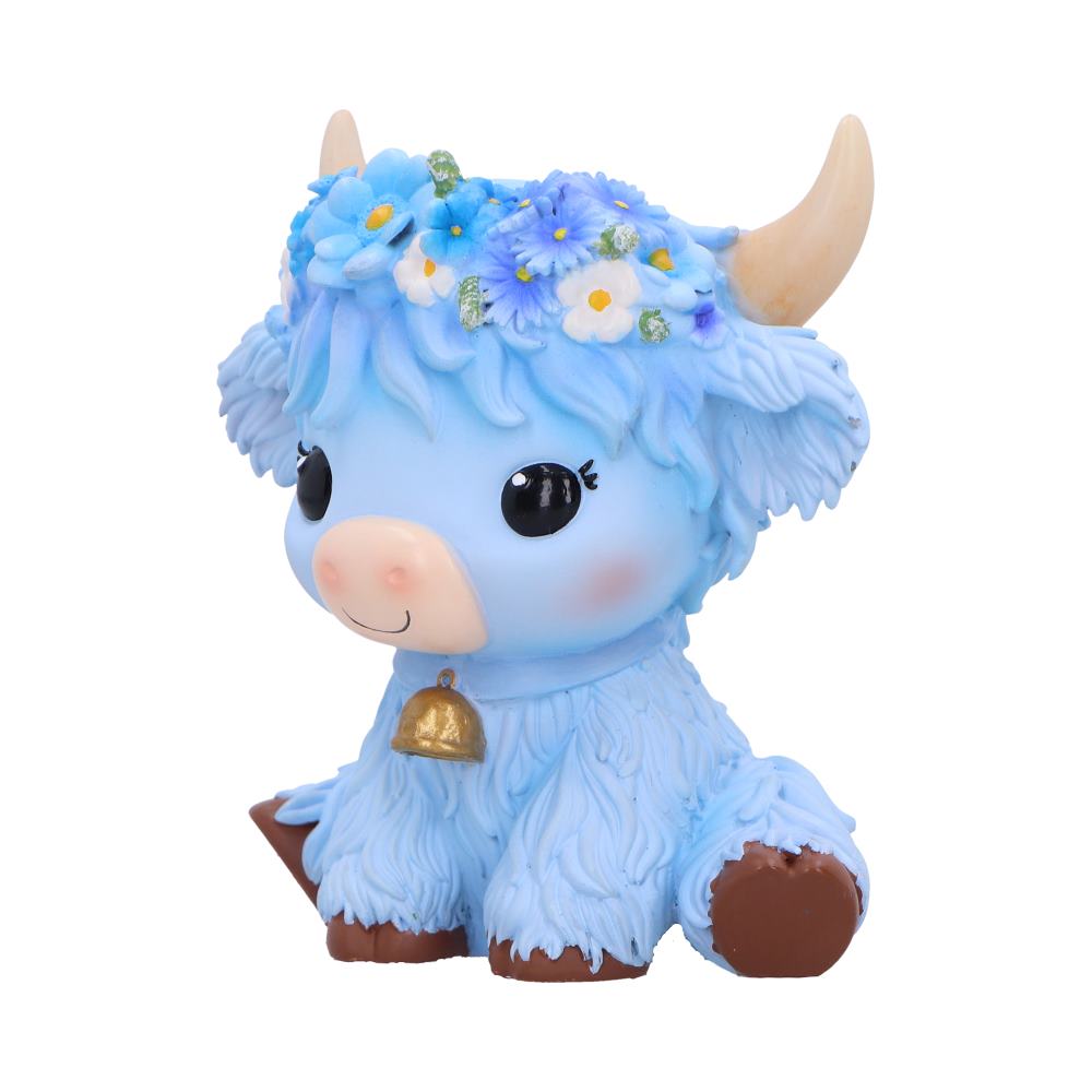 Moo Crew Bluebell blue cow figurine with a blue and white floral crown and gold bell, displayed among blue flowers