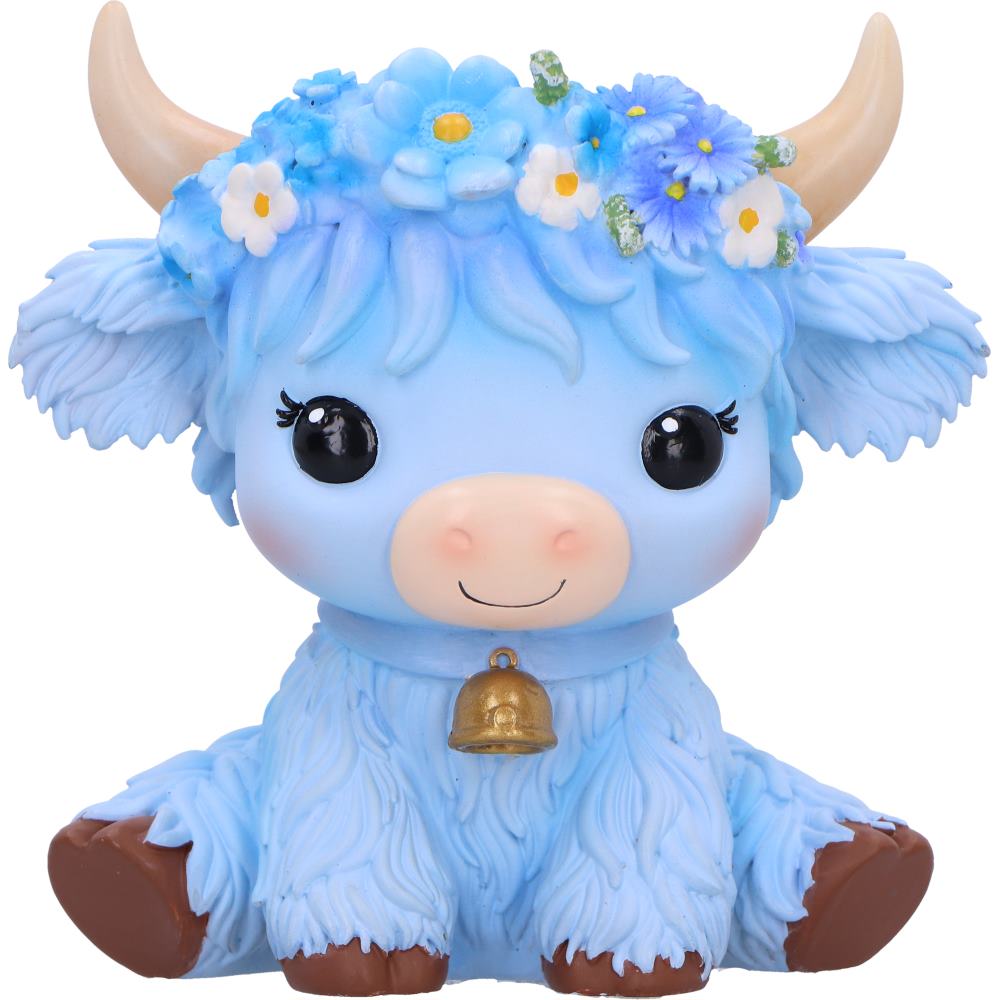Moo Crew Bluebell blue cow figurine with a blue and white floral crown and gold bell, displayed among blue flowers