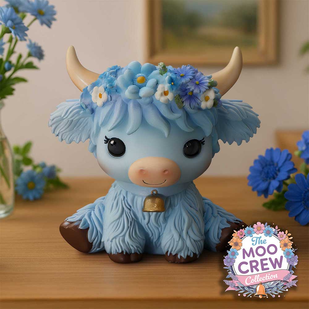 Moo Crew Bluebell blue cow figurine with a blue and white floral crown and gold bell, displayed among blue flowers