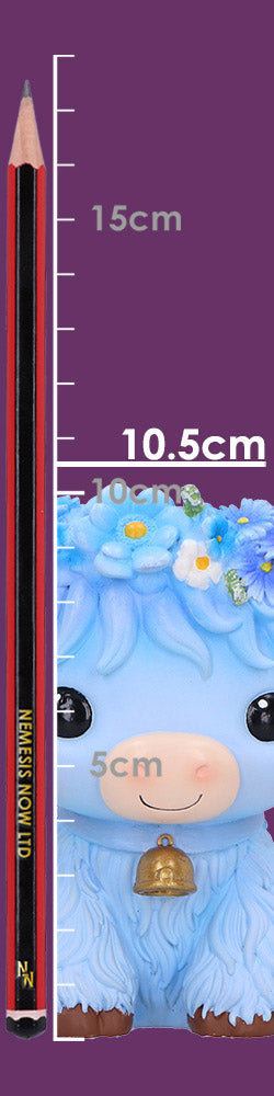 Moo Crew Bluebell blue cow figurine with a blue and white floral crown and gold bell, displayed among blue flowers