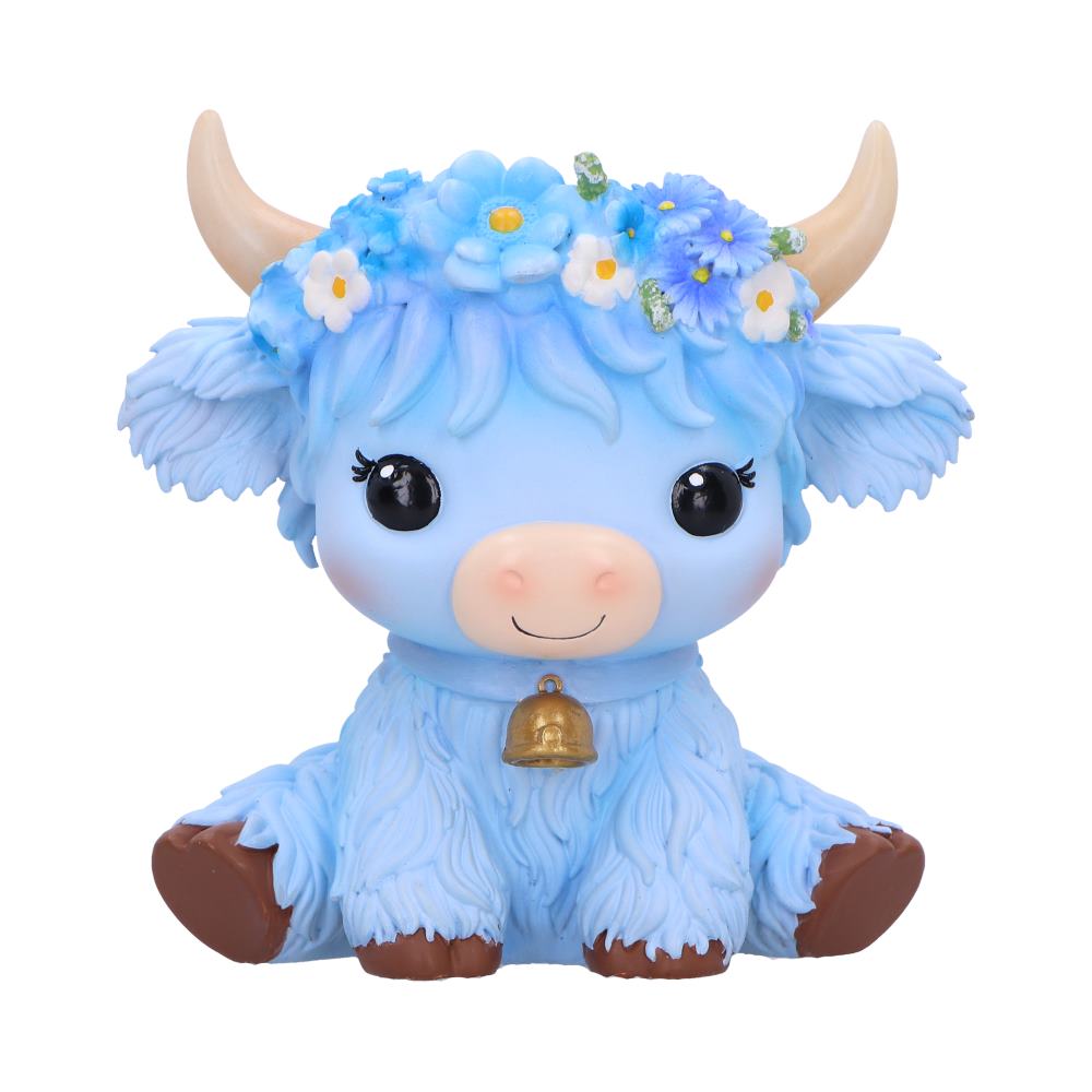 Moo Crew Bluebell blue cow figurine with a blue and white floral crown and gold bell, displayed among blue flowers