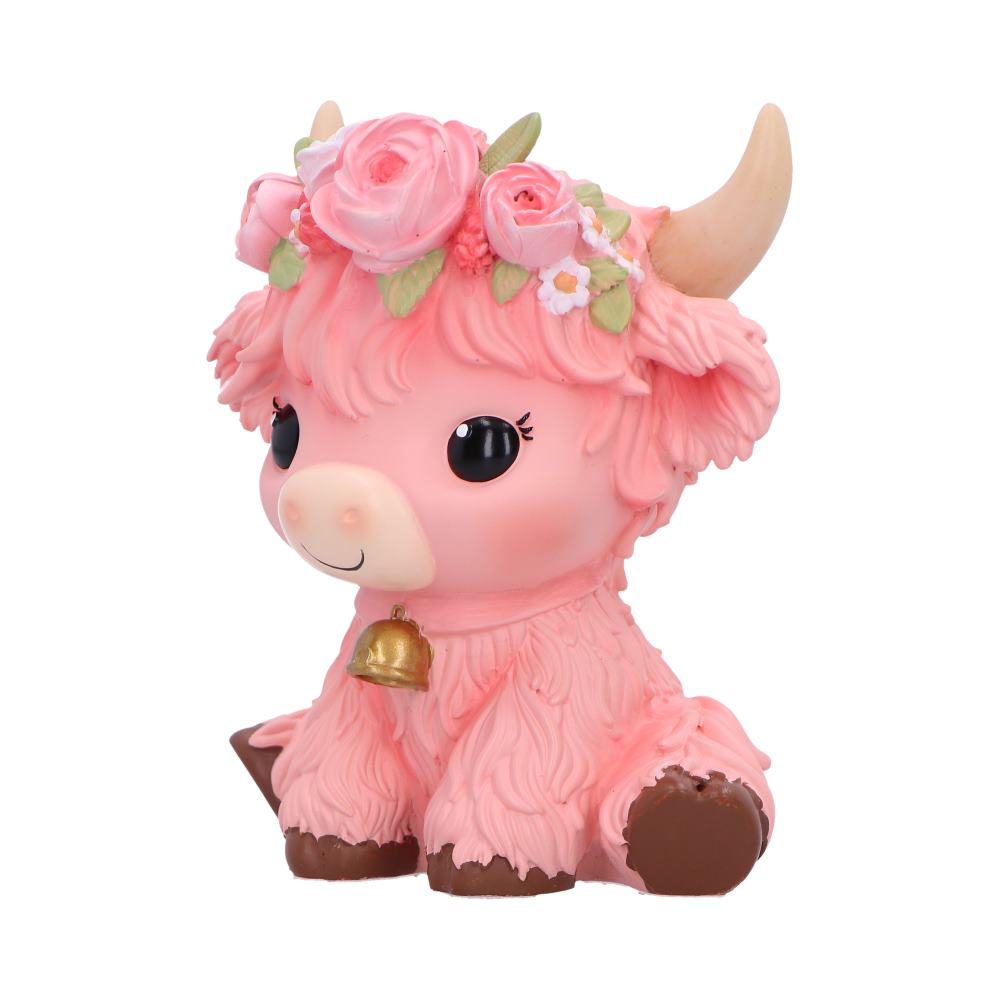 Moo Crew Primrose pink cow figurine with a pink rose crown and gold bell, displayed among pink flowers.