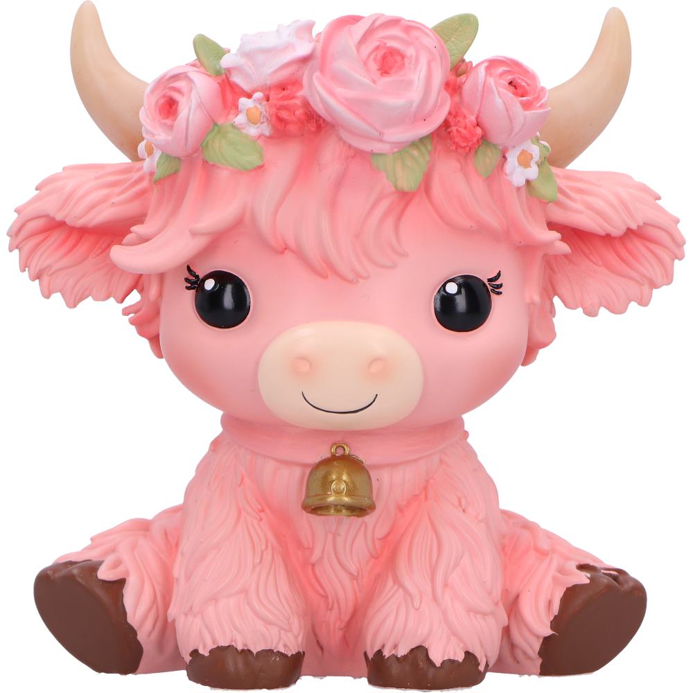 Moo Crew Primrose pink cow figurine with a pink rose crown and gold bell, displayed among pink flowers.