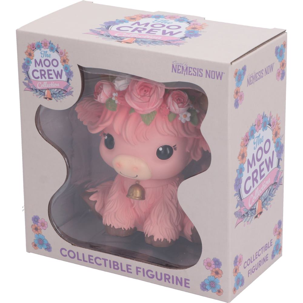 Moo Crew Primrose pink cow figurine with a pink rose crown and gold bell, displayed among pink flowers.