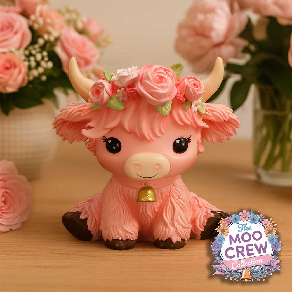 Moo Crew Primrose pink cow figurine with a pink rose crown and gold bell, displayed among pink flowers.