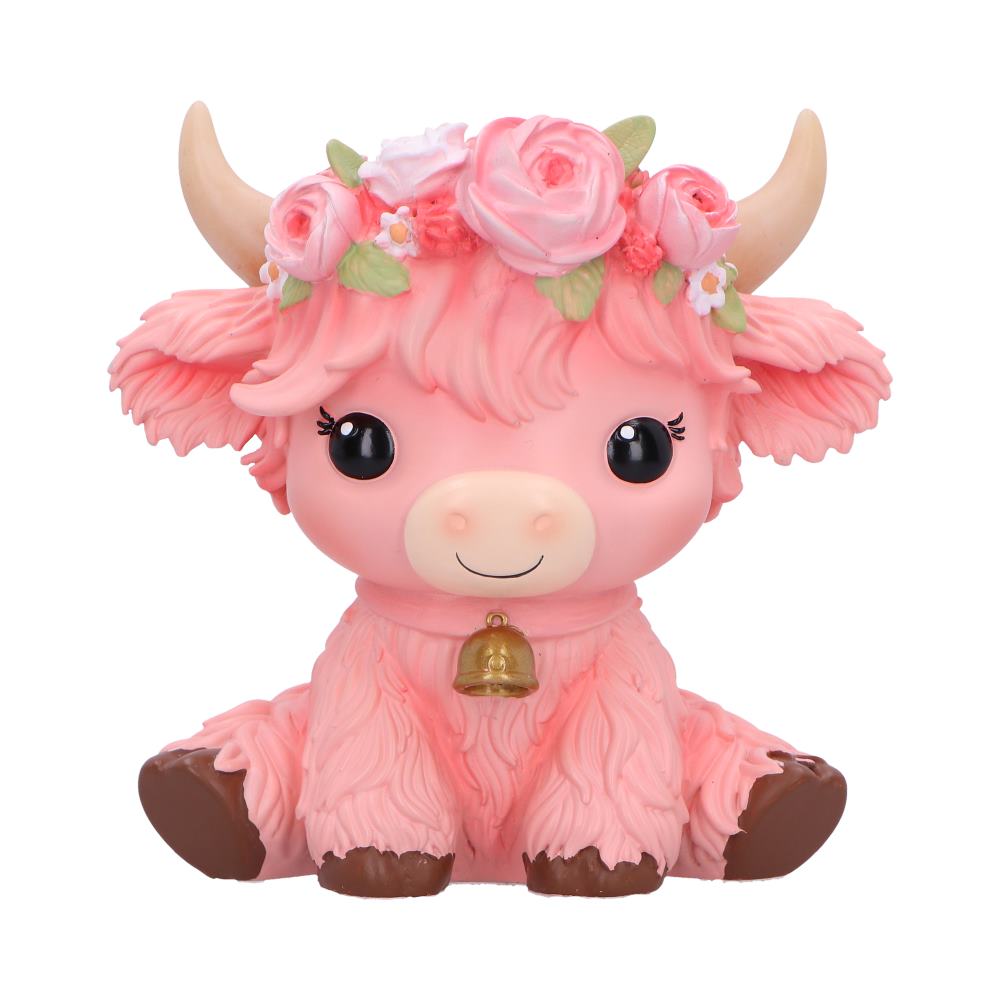 Moo Crew Primrose pink cow figurine with a pink rose crown and gold bell, displayed among pink flowers.