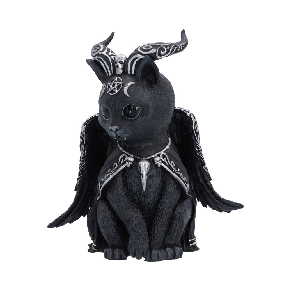 Halpurr Cult Cuties black cat figurine with twisted silver-patterned horns, wings, a flowing cape and skull and pentagram details