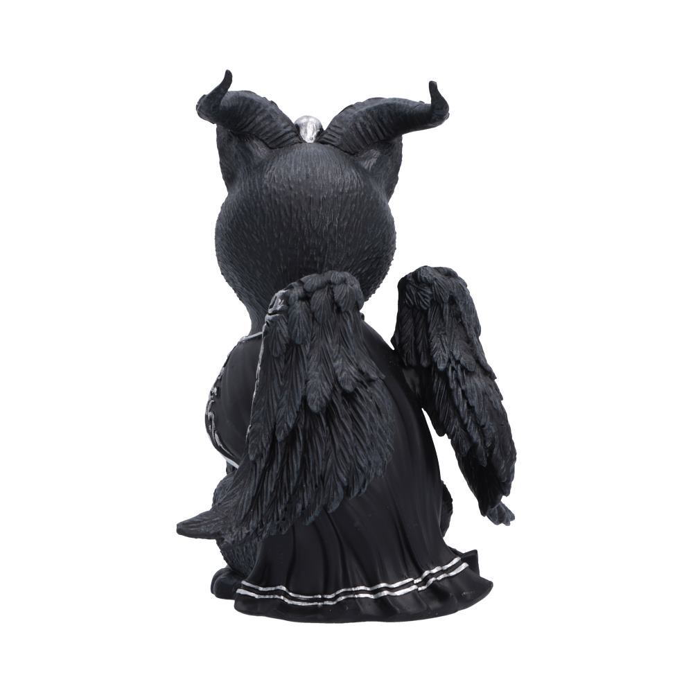 Halpurr Cult Cuties black cat figurine with twisted silver-patterned horns, wings, a flowing cape and skull and pentagram details