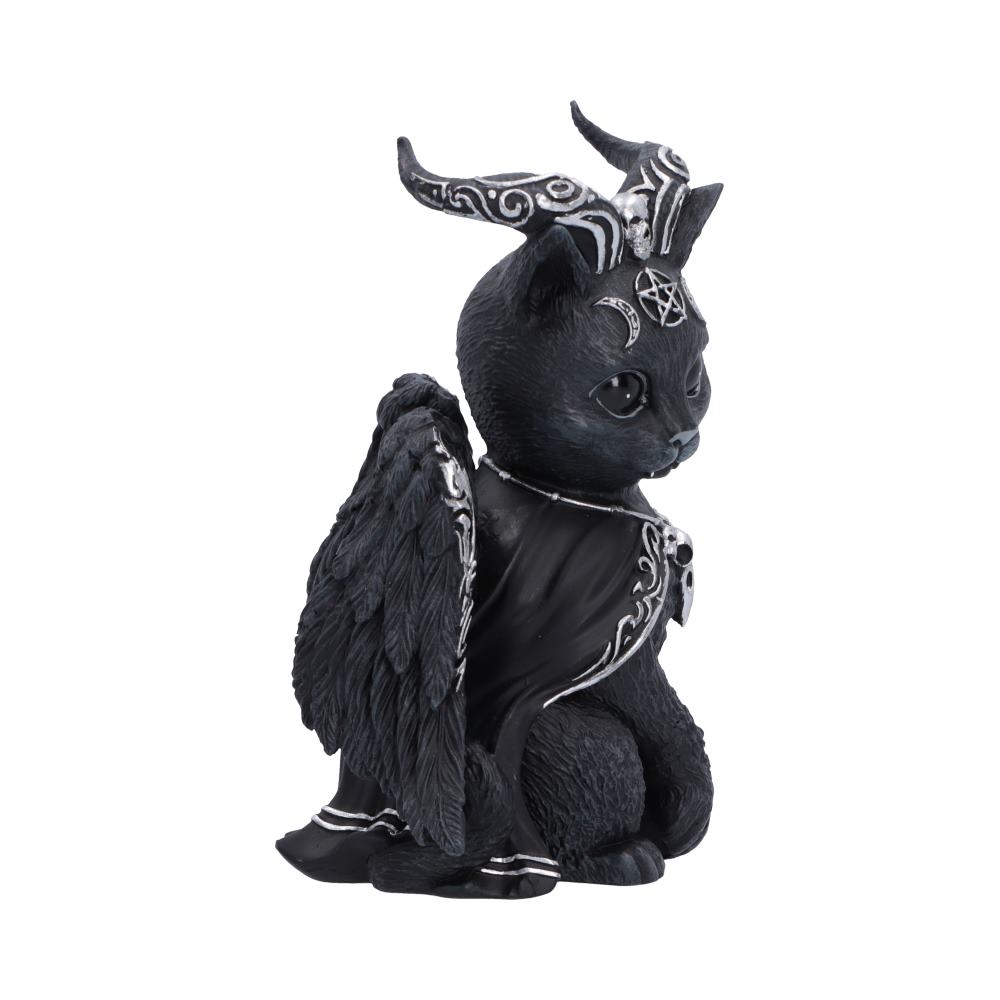 Halpurr Cult Cuties black cat figurine with twisted silver-patterned horns, wings, a flowing cape and skull and pentagram details