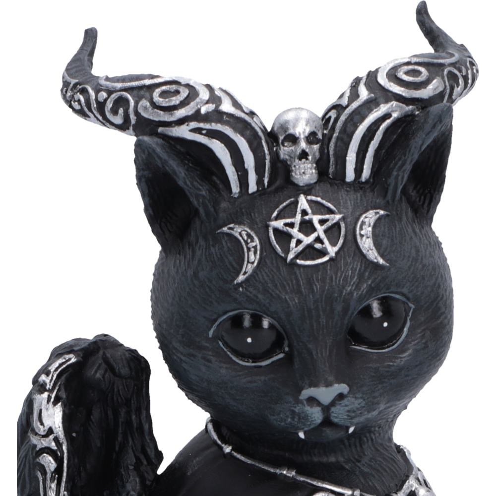 Halpurr Cult Cuties black cat figurine with twisted silver-patterned horns, wings, a flowing cape and skull and pentagram details