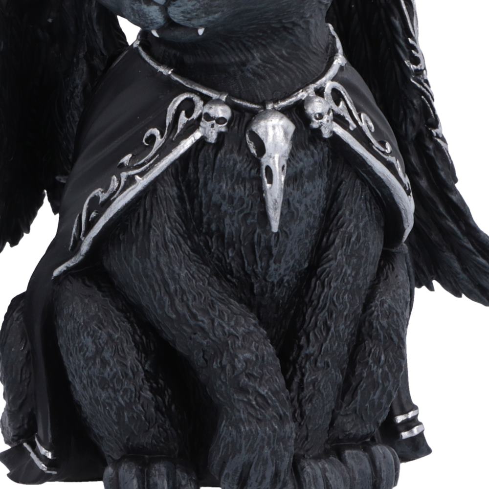 Halpurr Cult Cuties black cat figurine with twisted silver-patterned horns, wings, a flowing cape and skull and pentagram details