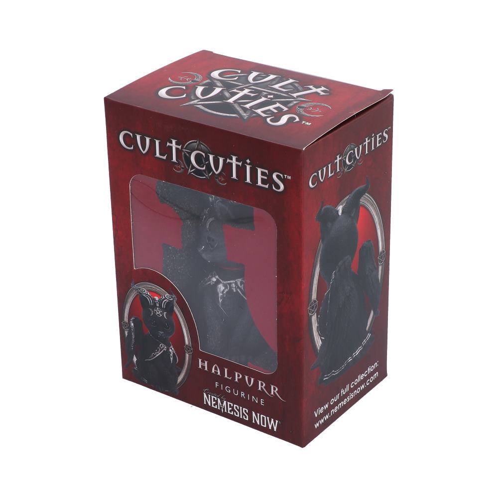 Halpurr Cult Cuties black cat figurine with twisted silver-patterned horns, wings, a flowing cape and skull and pentagram details