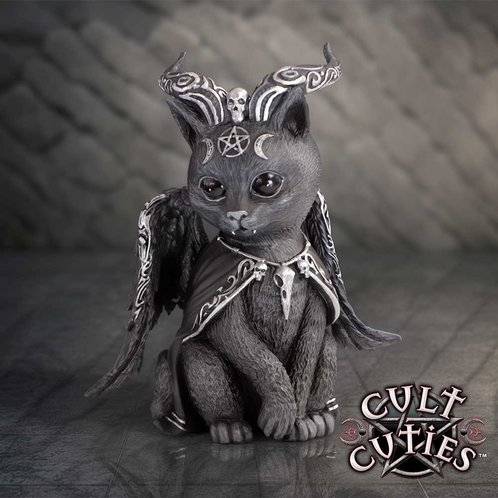 Halpurr Cult Cuties black cat figurine with twisted silver-patterned horns, wings, a flowing cape and skull and pentagram details