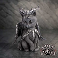 Halpurr Cult Cuties black cat figurine with twisted silver-patterned horns, wings, a flowing cape and skull and pentagram details