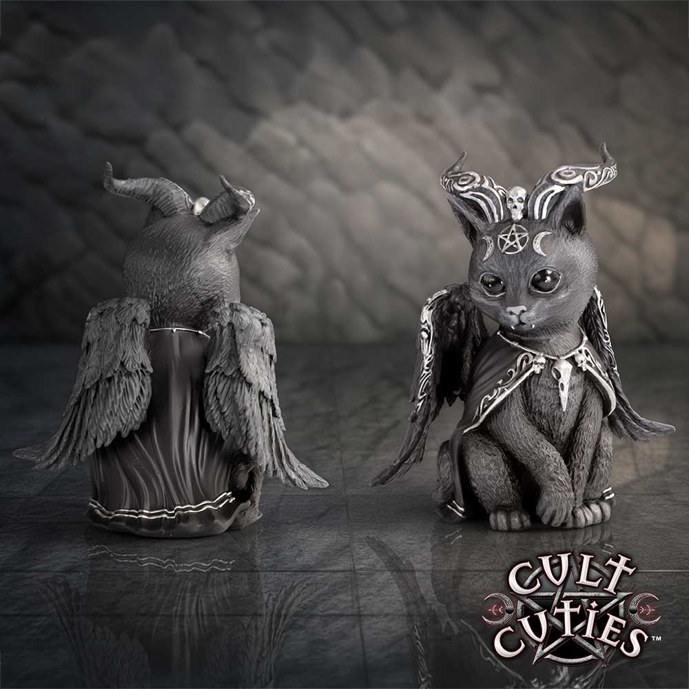 Halpurr Cult Cuties black cat figurine with twisted silver-patterned horns, wings, a flowing cape and skull and pentagram details