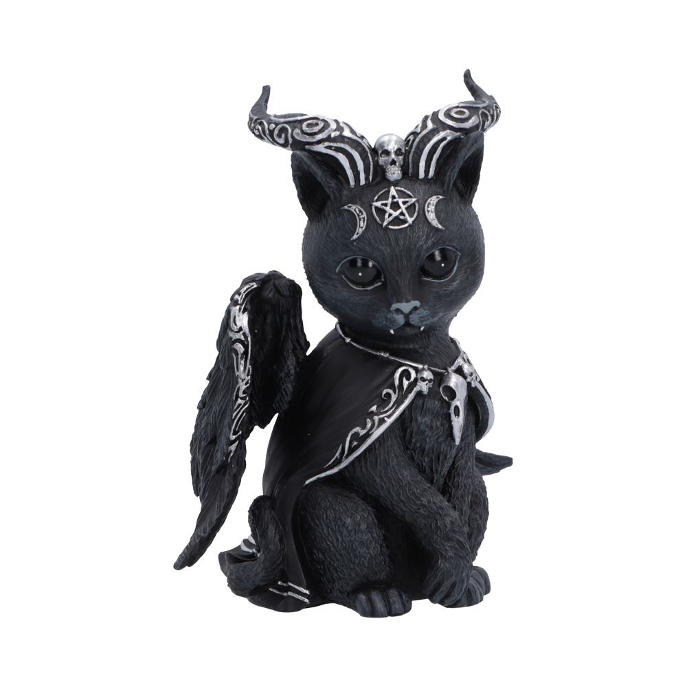 Halpurr Cult Cuties black cat figurine with twisted silver-patterned horns, wings, a flowing cape and skull and pentagram details