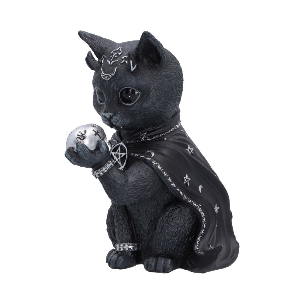 Feligor Cult Cuties black cat figurine with tiny horns, silver forehead markings and a flowing cape, holding a silver skull in one paw.