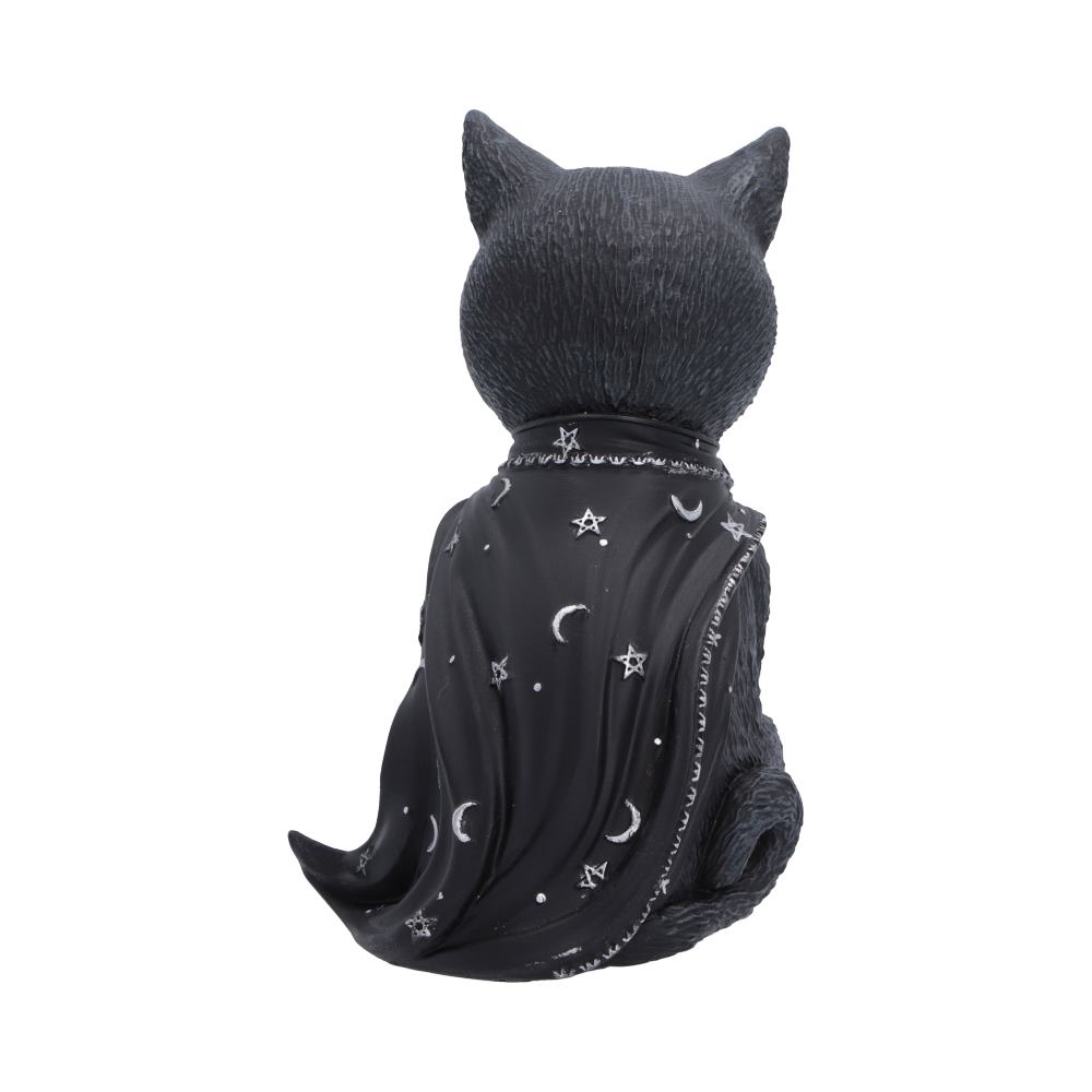 Feligor Cult Cuties black cat figurine with tiny horns, silver forehead markings and a flowing cape, holding a silver skull in one paw.
